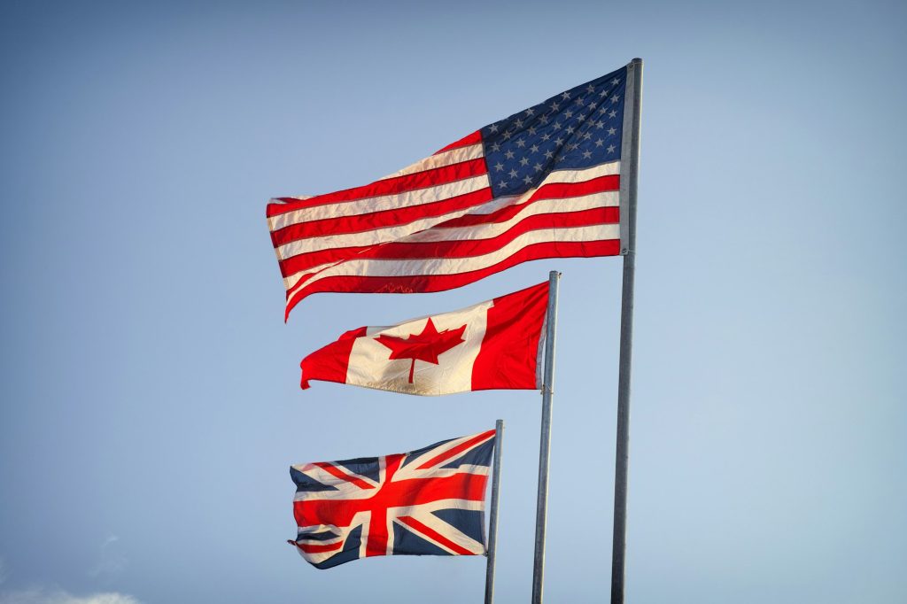 American Flag, Canadian Flag and Flag of Great Britain