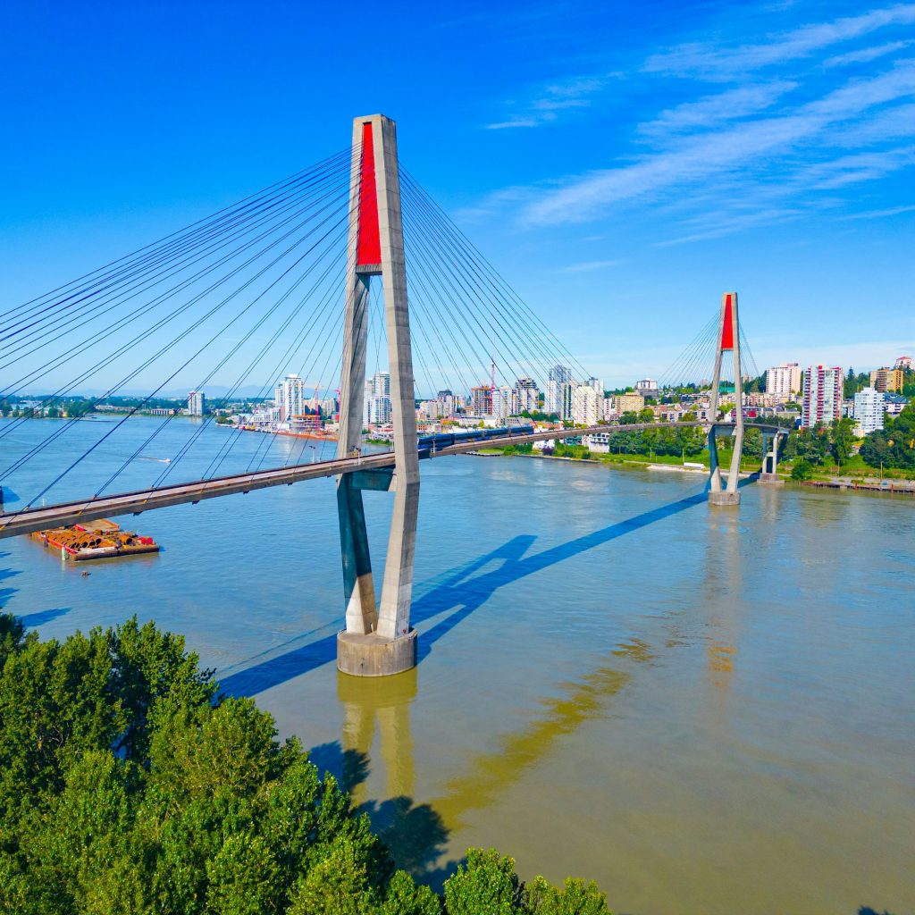 Beautiful view of the SkyBridge, Cable-stayed bridge in Surrey, Canada